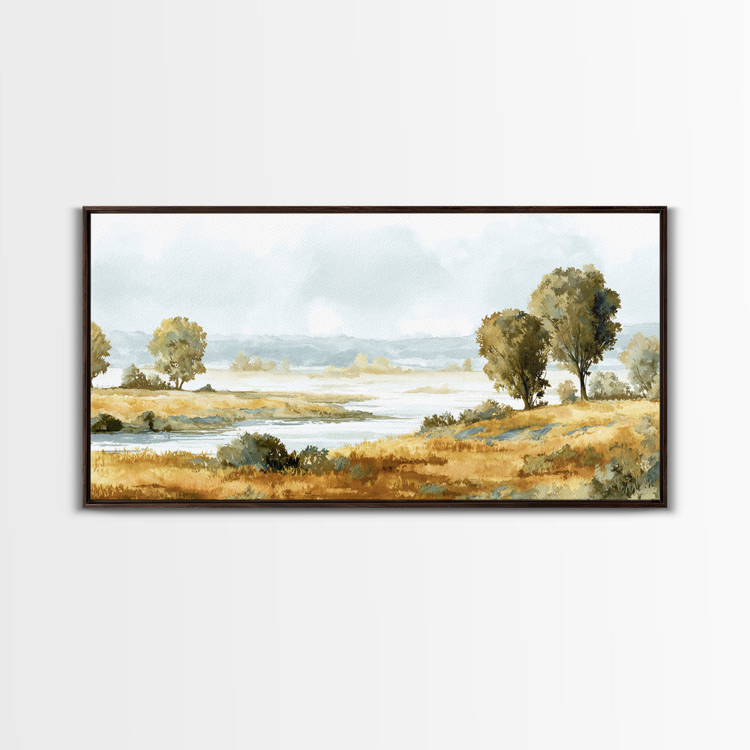 Misty Riverbank with Willow Trees Framed Canvas Print, Impressionist Art, Printable Wall Art, Living Room Decor, Impression, IMP-2x1-7