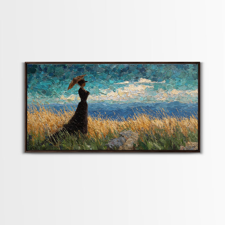 Woman with Parasol in Breezy Meadow Canvas Print, Impressionist Art, Landscape Art, Living Room Decor, Fine Art, Impression, IMP-2x1-71