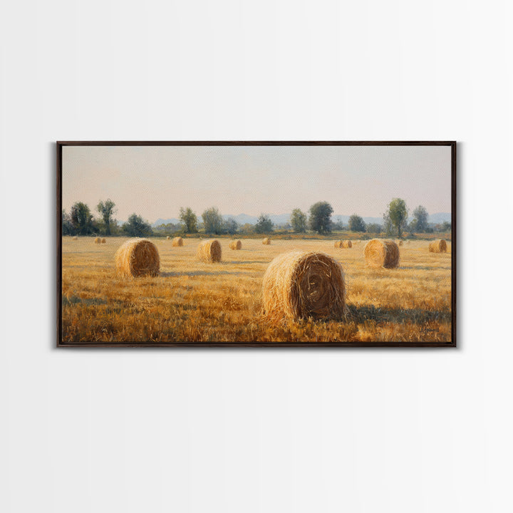 Haystacks Glowing at Golden Hour Framed Canvas Print, Impressionist Art, Bedroom Decor, Living Room Decor, Fine Art, Impression, IMP-2x1-72