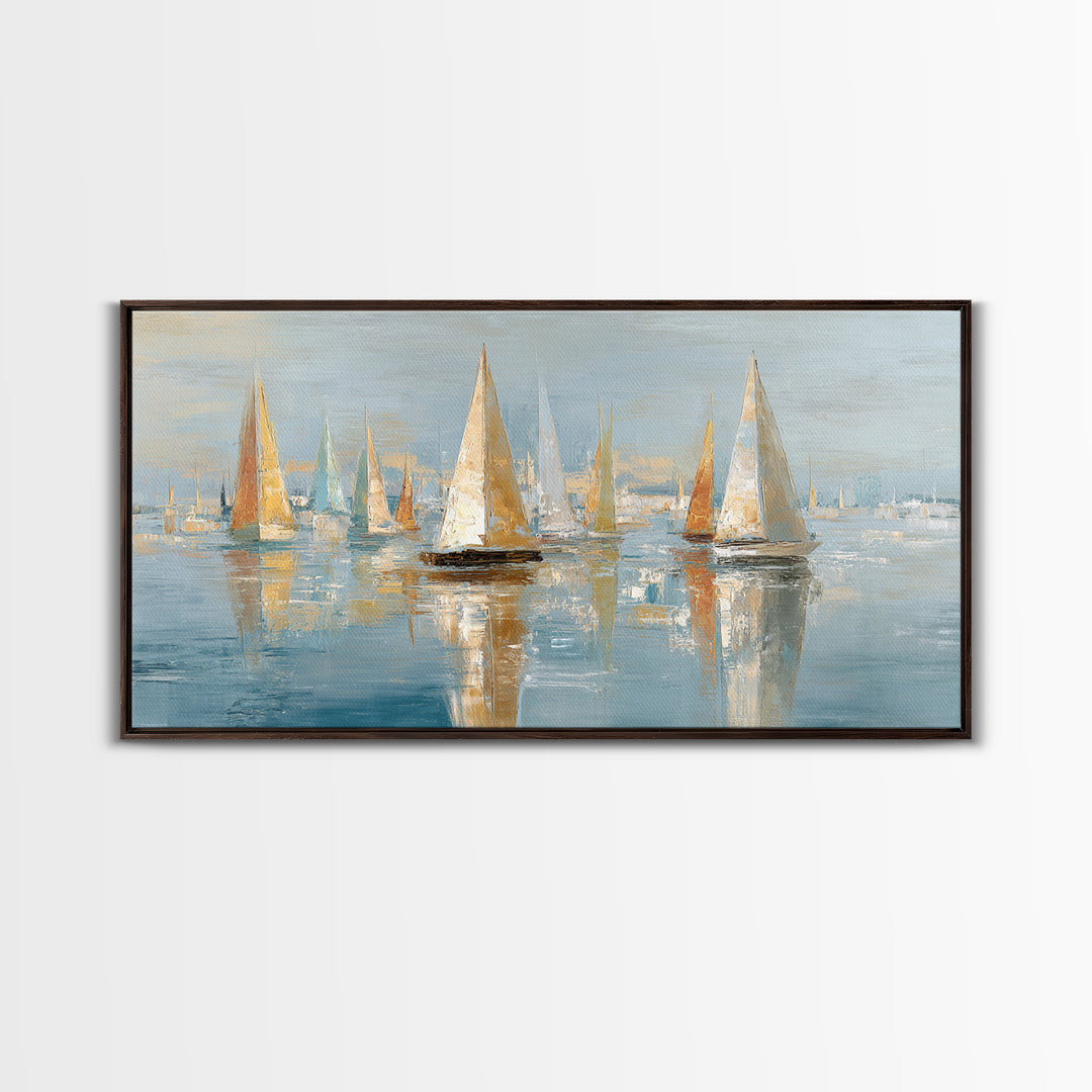 Sailboats on a Bright Sparkling Harbor Canvas Print, Impressionist Art, Horizontal Wall Art, Living Room Decor, Oil Painting, IMP-2x1-77