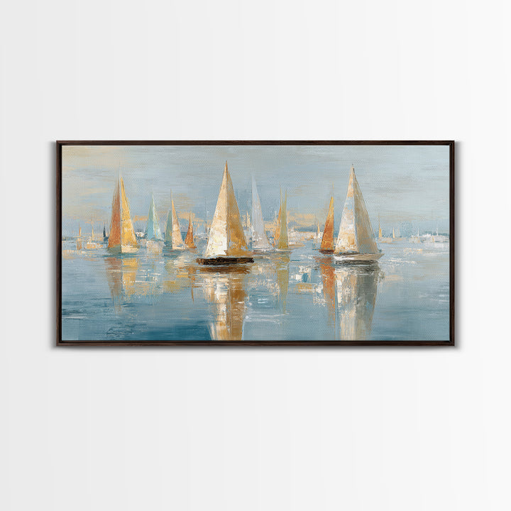 Sailboats on a Bright Sparkling Harbor Canvas Print, Impressionist Art, Horizontal Wall Art, Living Room Decor, Oil Painting, IMP-2x1-77