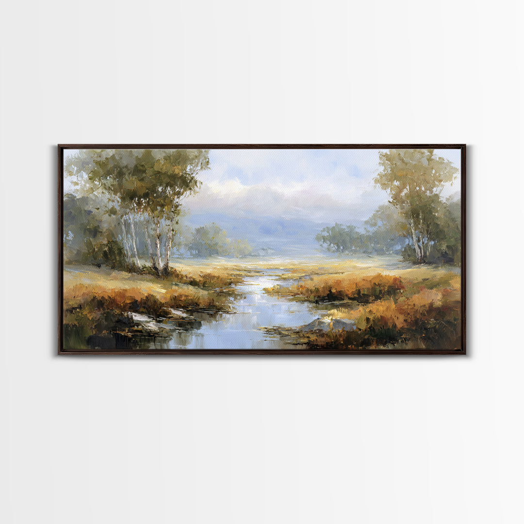 Misty Riverbank with Willow Trees Framed Canvas Print, Impressionist Art, Flower Print, Living Room Decor, Fine Art, Impression, IMP-2x1-79