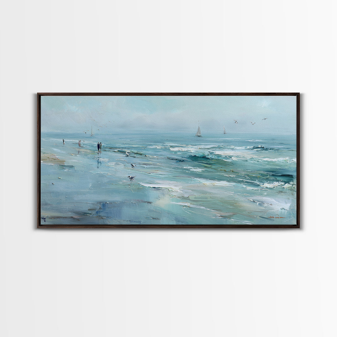Coastal Beach Figures Framed Canvas Print, Impressionist Art, Gallery Wall Art, Living Room Decor, Oil Painting, Impression, IMP-2x1-87