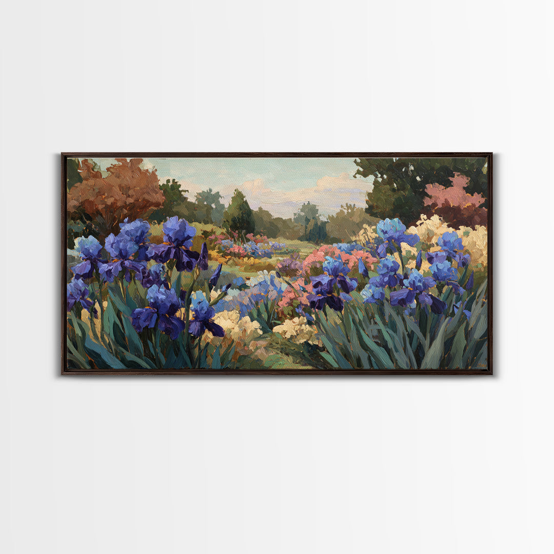 Iris Garden with Blue Violet Strokes Framed Canvas Print, Impressionist Art, Living Room Decor, Watercolor Art, Impression, IMP-2x1-88