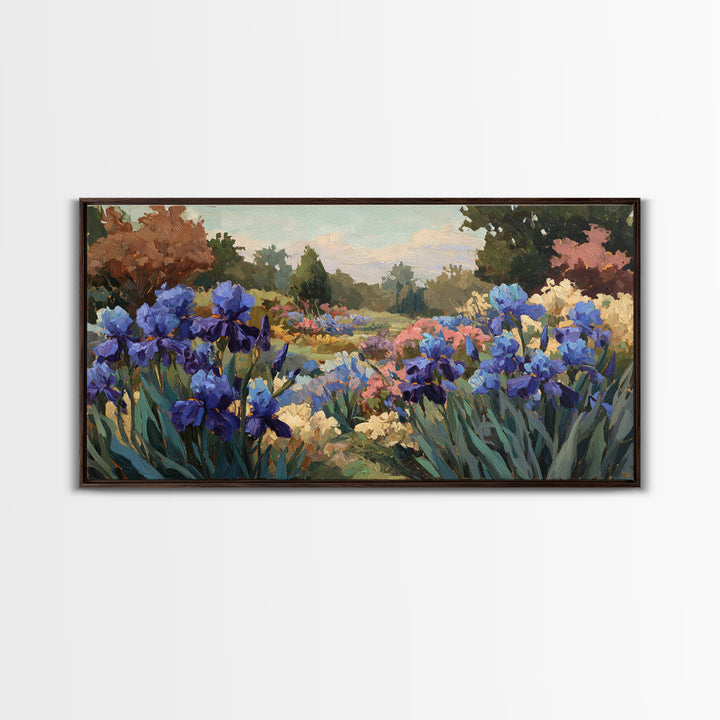 Iris Garden with Blue Violet Strokes Framed Canvas Print, Impressionist Art, Living Room Decor, Watercolor Art, Impression, IMP-2x1-88