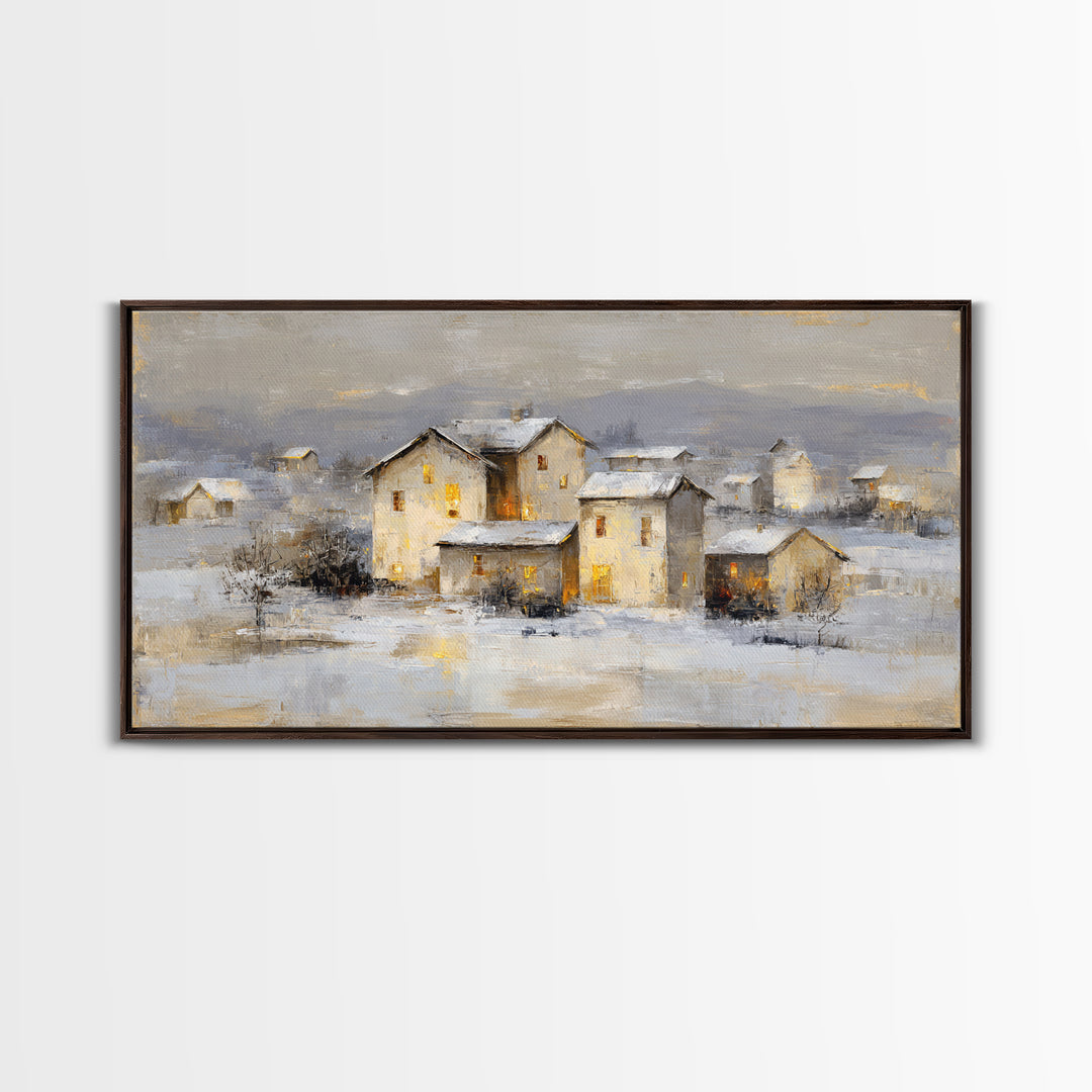 Snowy Village with Warm Glowing Windows Framed Canvas Print, Impressionist Art, Art Print, Living Room Decor, Impression, IMP-2x1-9