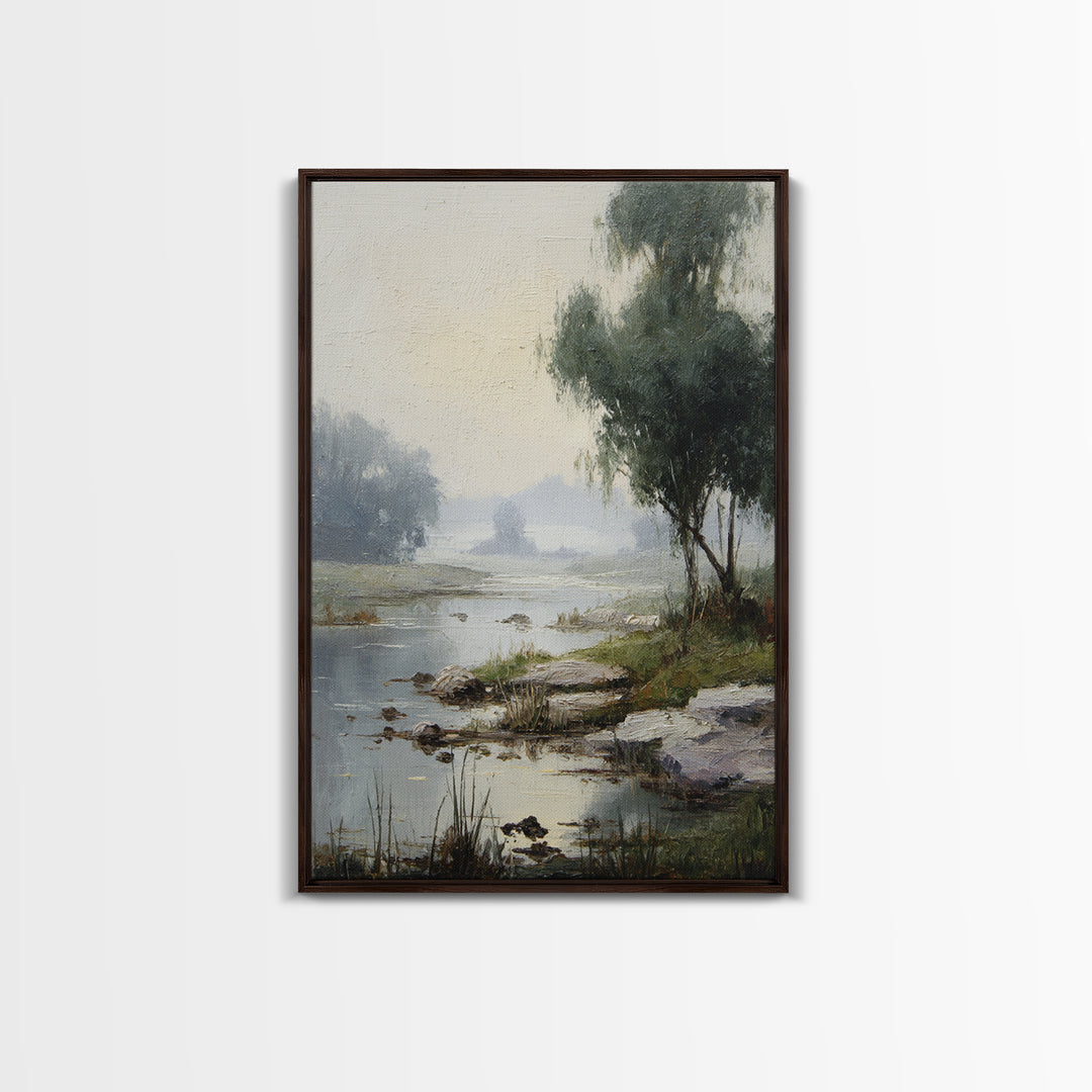 Misty Riverbank with Willow Trees Framed Canvas Print, Impressionist Art, Contemporary Art, Living Room Decor, Impression, IMP-2x3-19
