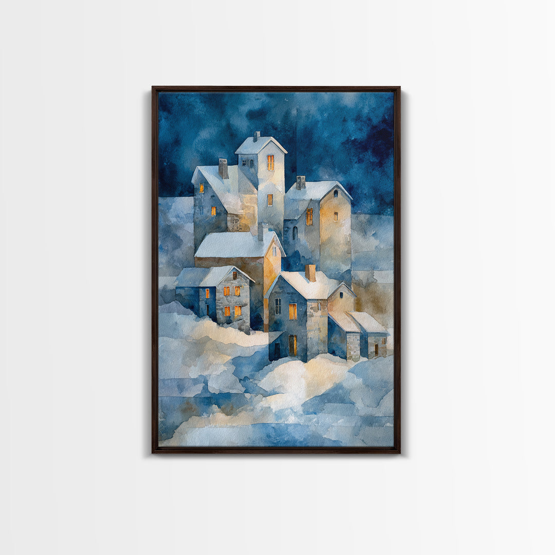 Snowy Village with Warm Glowing Windows Framed Canvas Print, Impressionist Art, Oil Painting, Living Room Decor, Impression, IMP-2x3-21