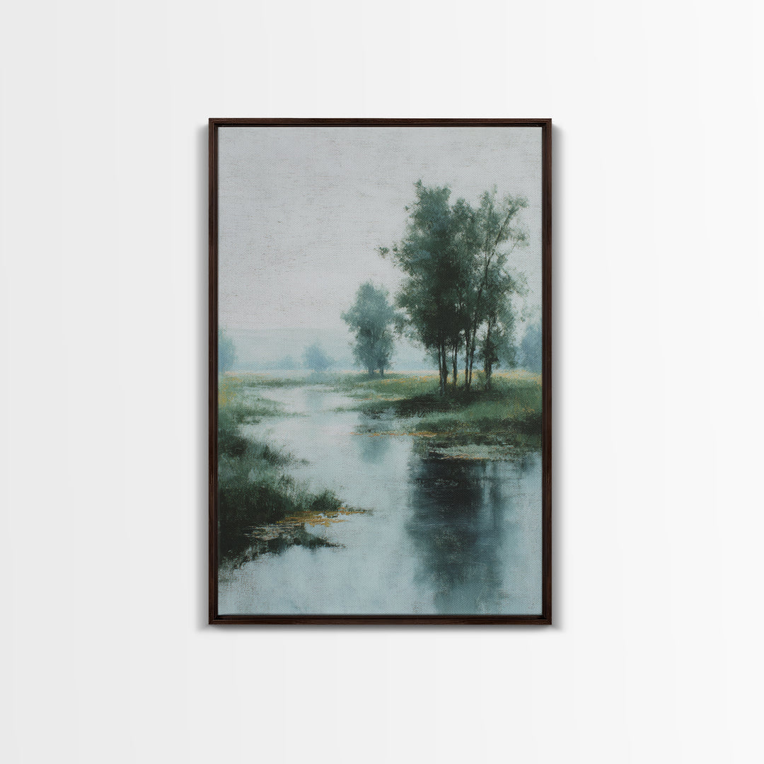 Misty Riverbank with Willow Trees Framed Canvas Print, Impressionist Art, Textured Wall Art, Living Room Decor, Impression, IMP-2x3-43