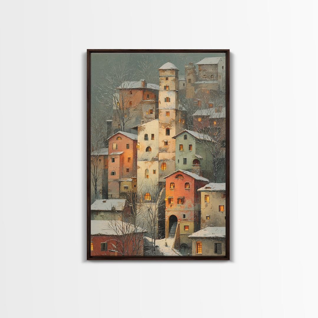 Snowy Village with Warm Glowing Windows Canvas Print, Impressionist Art, Farmhouse Decor, Living Room Decor, Impression, IMP-2x3-45