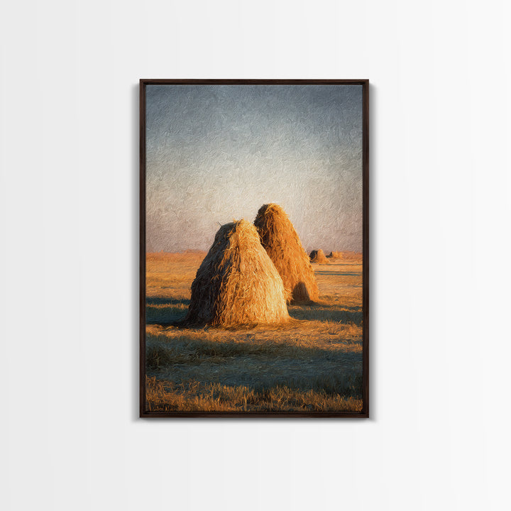 Haystacks Glowing at Golden Hour Framed Canvas Print, Impressionist Art, Bedroom Decor, Living Room Decor, Fine Art, Impression, IMP-2x3-60