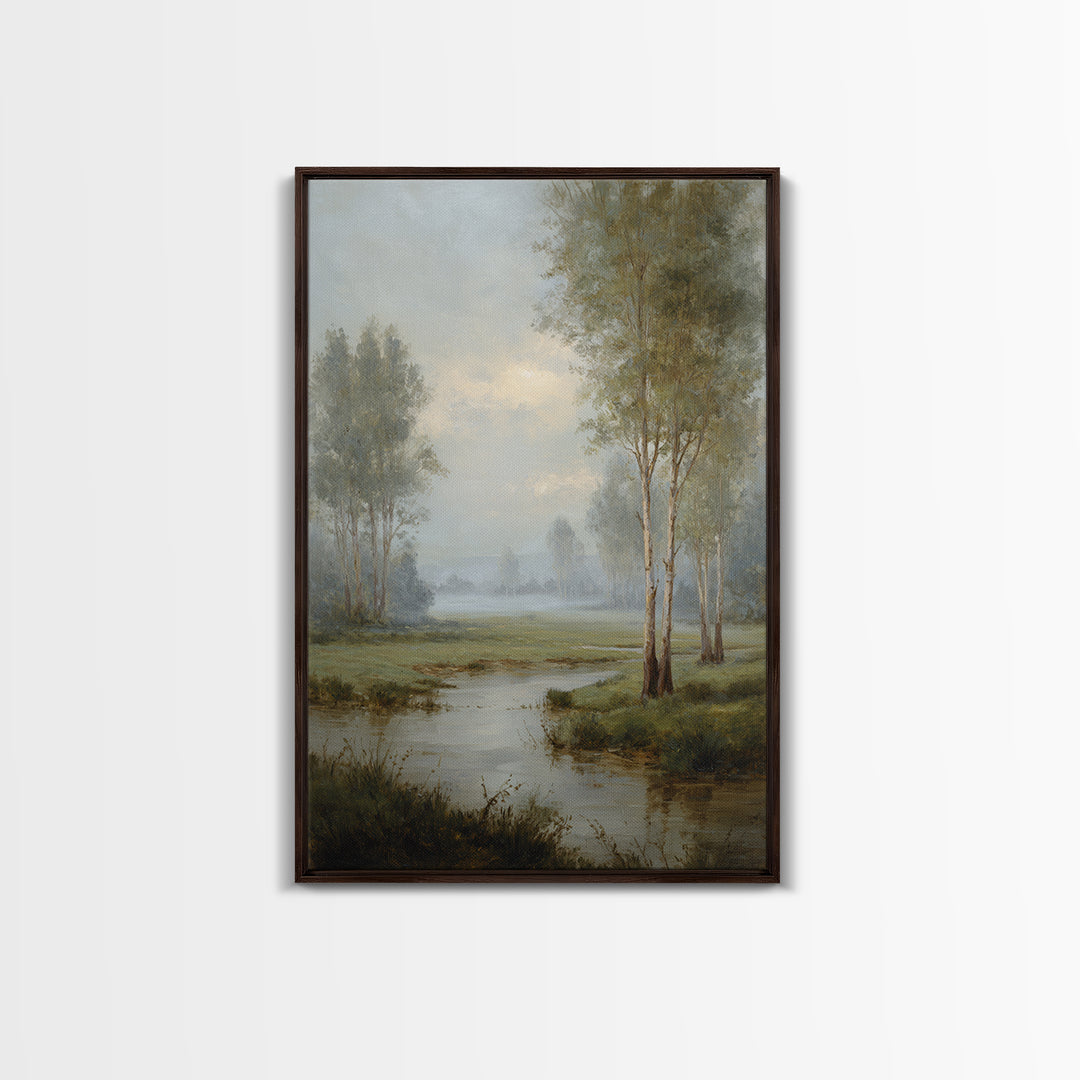 Misty Riverbank with Willow Trees Canvas Print, Impressionist Art, Flower Print, Living Room Decor, Fine Art, Impression, IMP-2x3-91