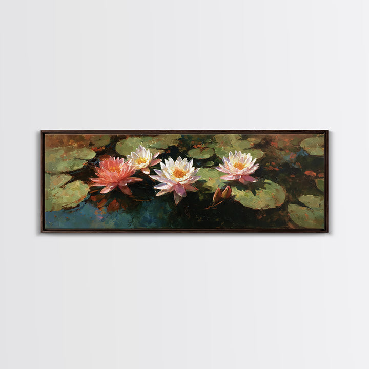 Water Lilies Floating on a Sunlit Pond Framed Canvas Print, Impressionist Art, Gallery Wall Art, Living Room Decor, Impression, IMP-3x1-17