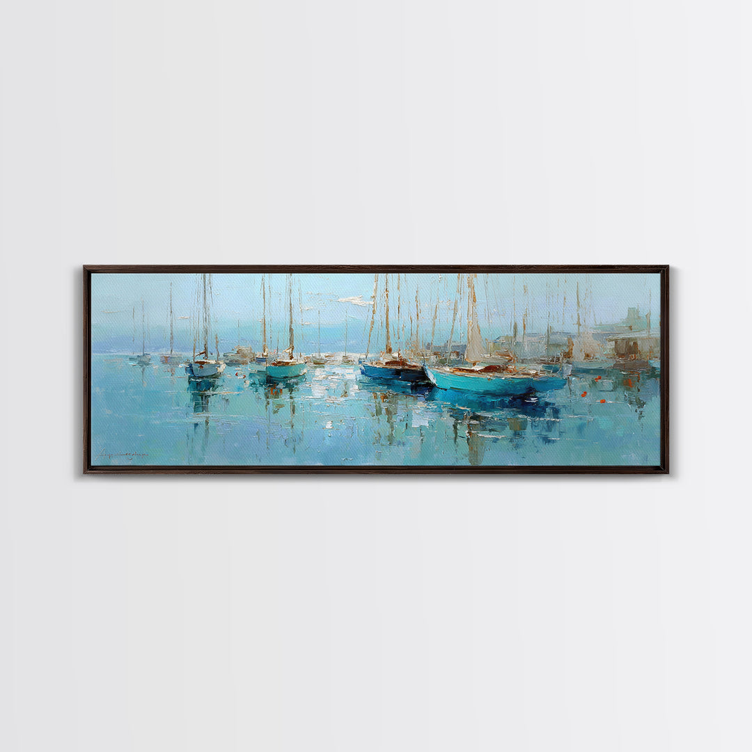 Sailboats on a Bright Sparkling Harbor Canvas Print, Impressionist Art, Landscape Art, Living Room Decor, Abstract Art, IMP-3x1-25