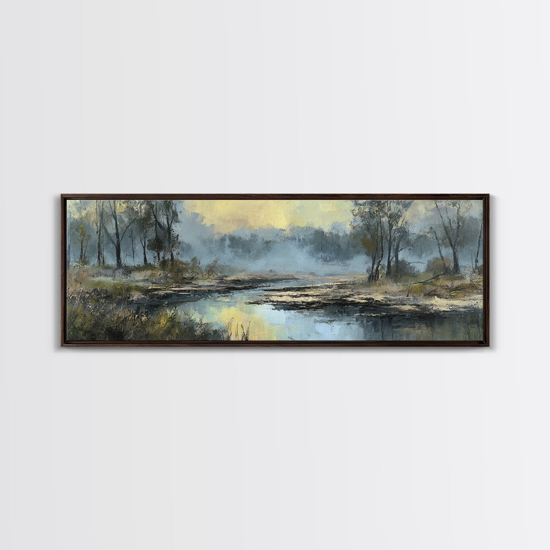 Misty Riverbank with Willow Trees Framed Canvas Print, Impressionist Art, Textured Painting, Living Room Decor, Impression, IMP-3x1-27