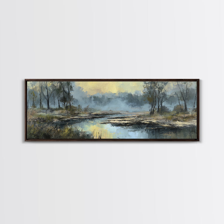 Misty Riverbank with Willow Trees Framed Canvas Print, Impressionist Art, Textured Painting, Living Room Decor, Impression, IMP-3x1-27