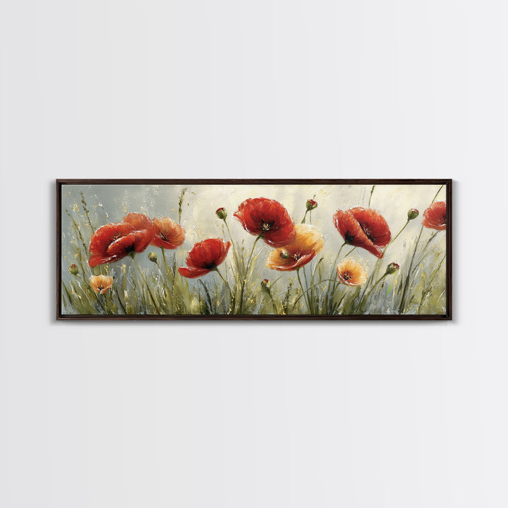 Poppies Blowing Through Green Grass Framed Canvas Print, Impressionist Art, Living Room Art, Living Room Decor, Oil Painting, IMP-3x1-28