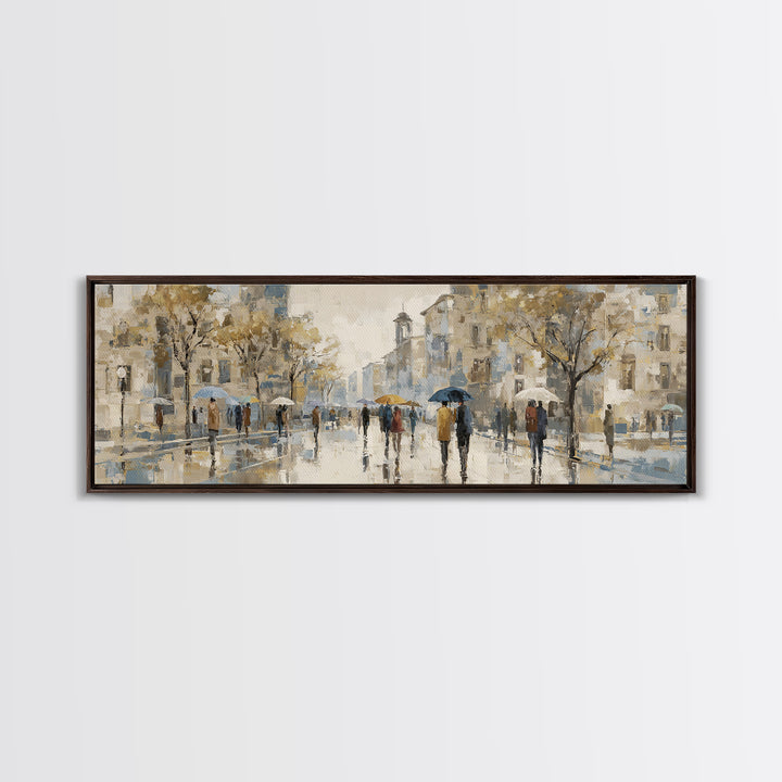 Rainy Boulevard with Umbrella Shapes Canvas Print, Impressionist Art, Landscape Painting, Living Room Decor, Impression, IMP-3x1-37
