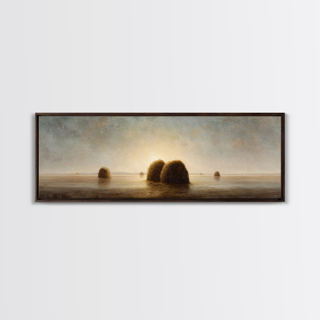 Haystacks Glowing at Golden Hour Framed Canvas Print, Impressionist Art, Modern Decor, Living Room Decor, Fine Art, Impression, IMP-3x1-44