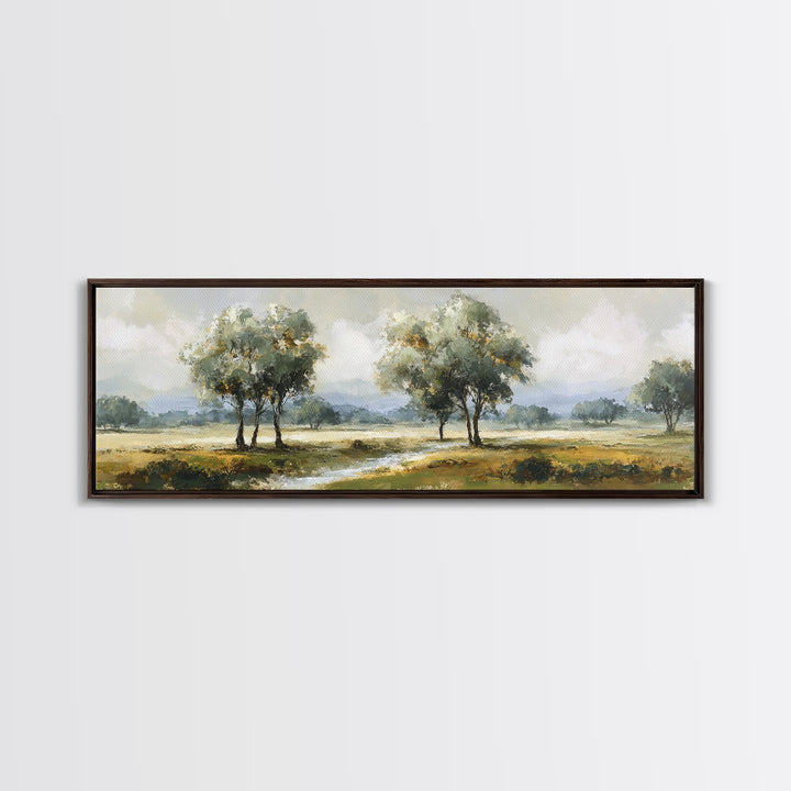 Misty Riverbank with Willow Trees Framed Canvas Print, Impressionist Art, Large Wall Art, Living Room Decor, Impression, IMP-3x1-51