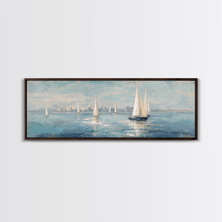 Sailboats on a Bright Sparkling Harbor Framed Canvas Print, Impressionist Art, Neutral Decor, Living Room Decor, Impression, IMP-3x1-73