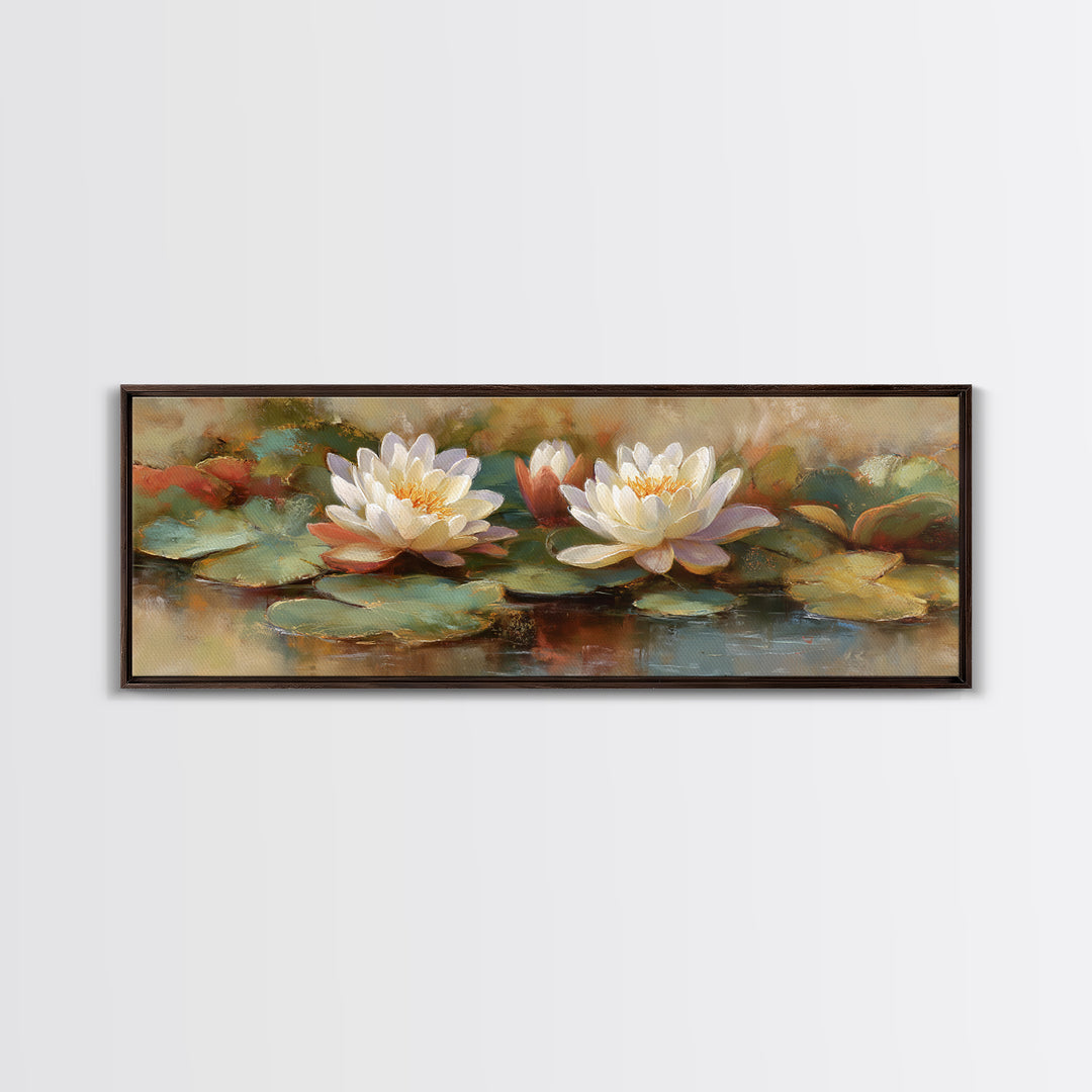 Water Lilies Floating on a Sunlit Pond Framed Canvas Print, Impressionist Art, Boho Decor, Living Room Decor, Oil Painting, IMP-3x1-89