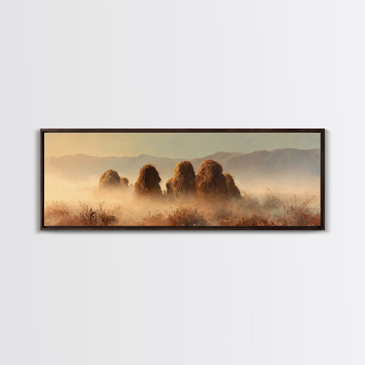 Haystacks Glowing at Golden Hour Canvas Print, Impressionist Art, Oil Painting, Living Room Decor, Impression, Coastal Wall Art, IMP-3x1-92