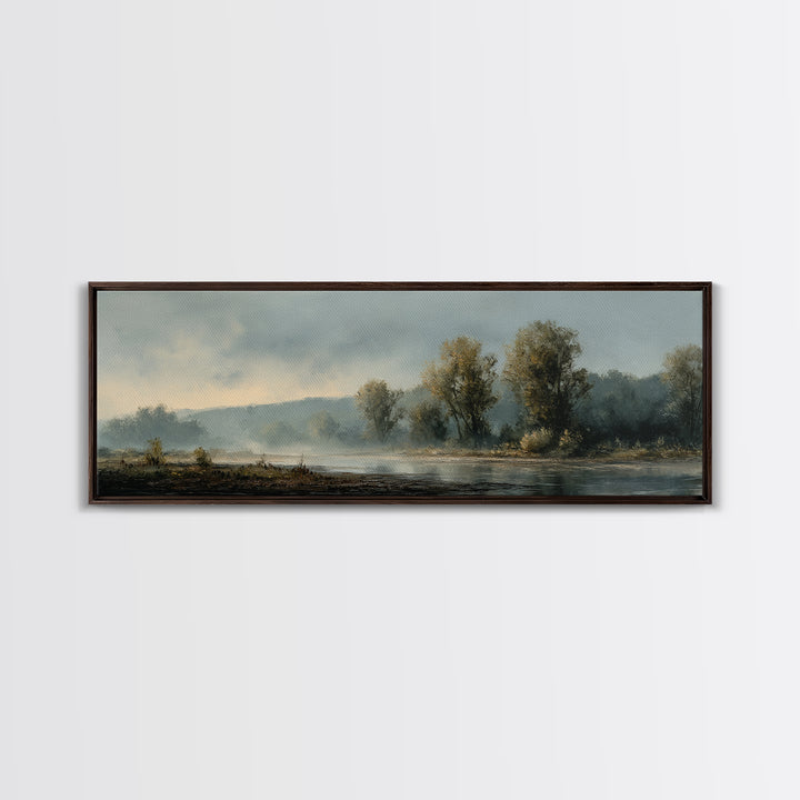 Misty Riverbank with Willow Trees Framed Canvas Print, Impressionist Art, Large Wall Art, Living Room Decor, Impression, IMP-3x1-99