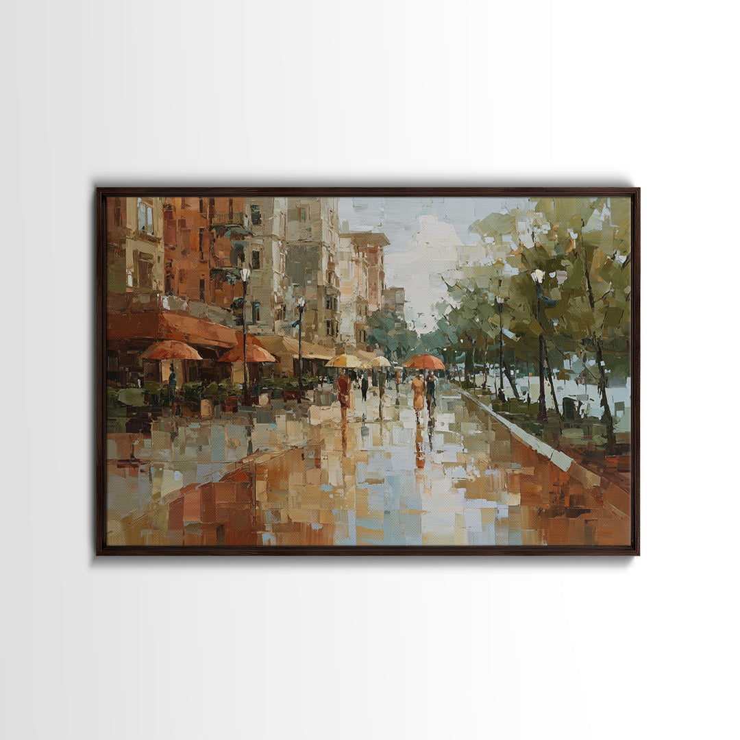 Rainy Boulevard with Umbrella Shapes Canvas Print, Impressionist Art, Abstract Painting, Living Room Decor, Abstract Art, IMP-3x2-1