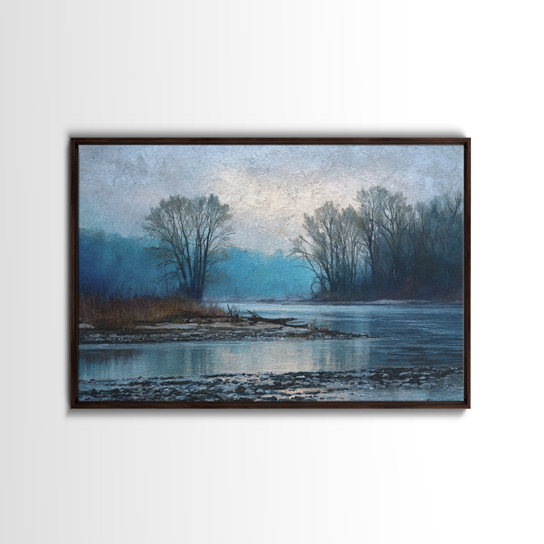 Misty Riverbank with Willow Trees Framed Canvas Print, Impressionist Art, Coastal Wall Art, Living Room Decor, Impression, IMP-3x2-15