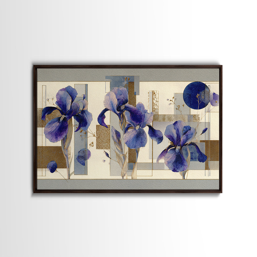 Iris Garden with Blue Violet Strokes Framed Canvas Print, Impressionist Art, Landscape Wall Art, Living Room Decor, Impression, IMP-3x2-24