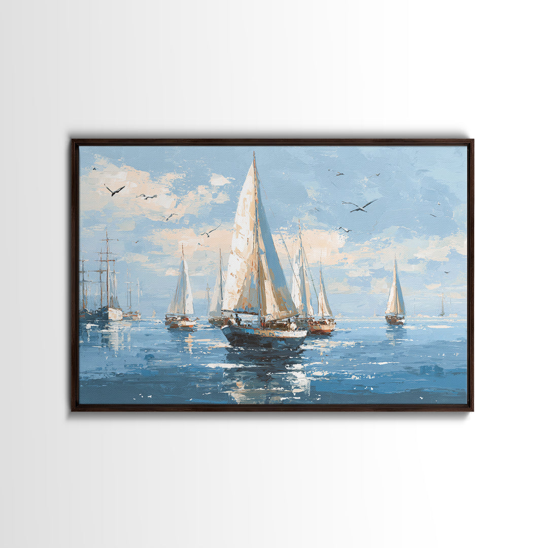 Sailboats on a Bright Sparkling Harbor Canvas Print, Impressionist Art, Living Room Art, Living Room Decor, Oil Painting, IMP-3x2-37