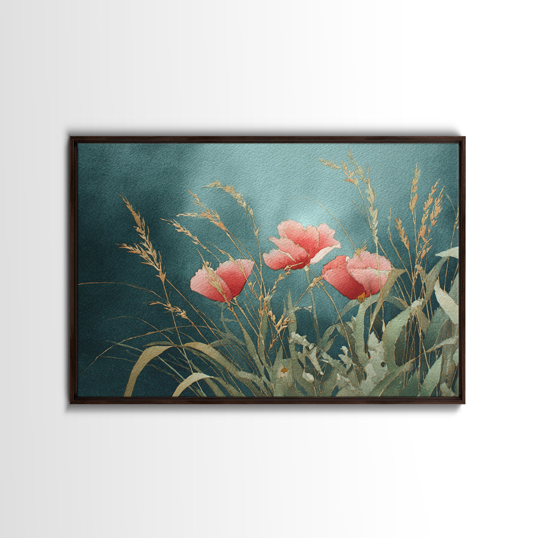 Poppies Blowing Through Green Grass Framed Canvas Print, Impressionist Art, Living Room Art, Living Room Decor, Oil Painting, IMP-3x2-40