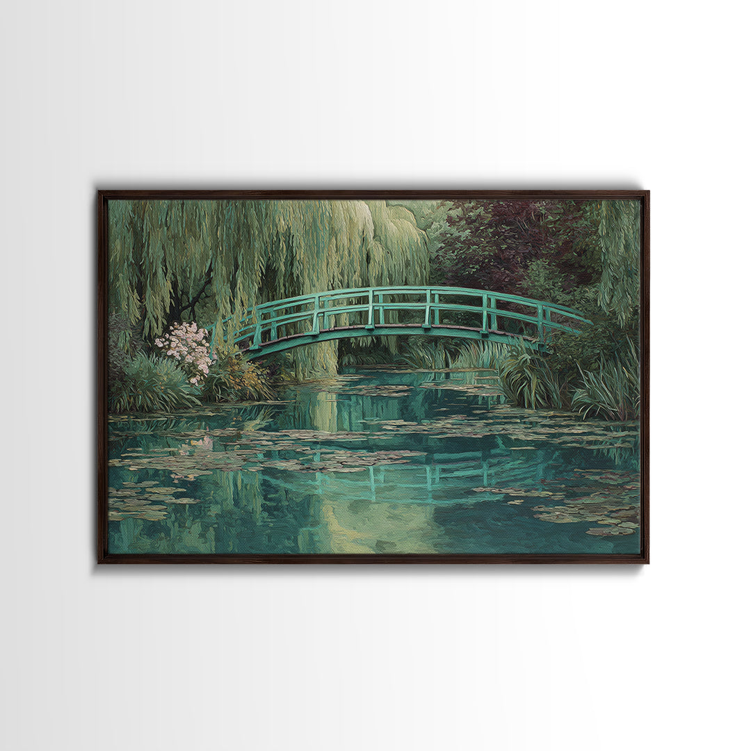 Water Garden Bridge Framed Canvas Print, Impressionist Art, Abstract Painting, Living Room Decor, Fine Art, Impression, IMP-3x2-46