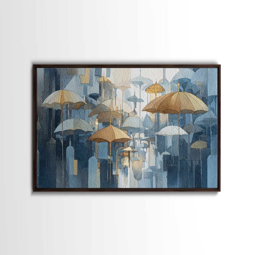 Rainy Boulevard with Umbrella Shapes Canvas Print, Impressionist Art, Neutral Decor, Living Room Decor, Fine Art, Impression, IMP-3x2-49