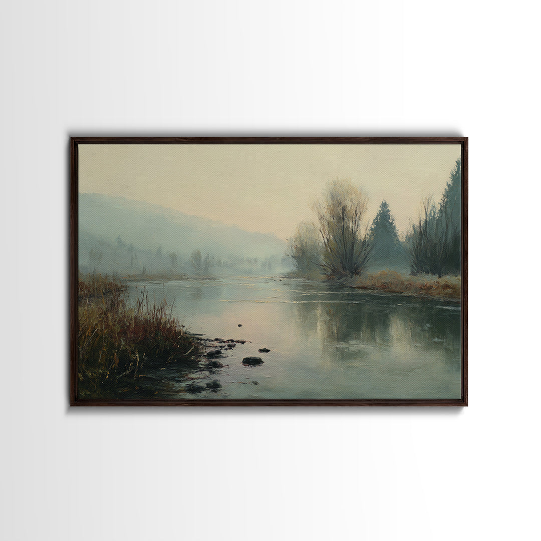 Misty Riverbank with Willow Trees Framed Canvas Print, Impressionist Art, Modern Art, Living Room Decor, Fine Art, Impression, IMP-3x2-63