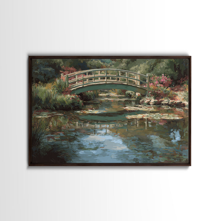 Water Garden Bridge Framed Canvas Print, Impressionist Art, Abstract Painting, Living Room Decor, Fine Art, Impression, IMP-3x2-70