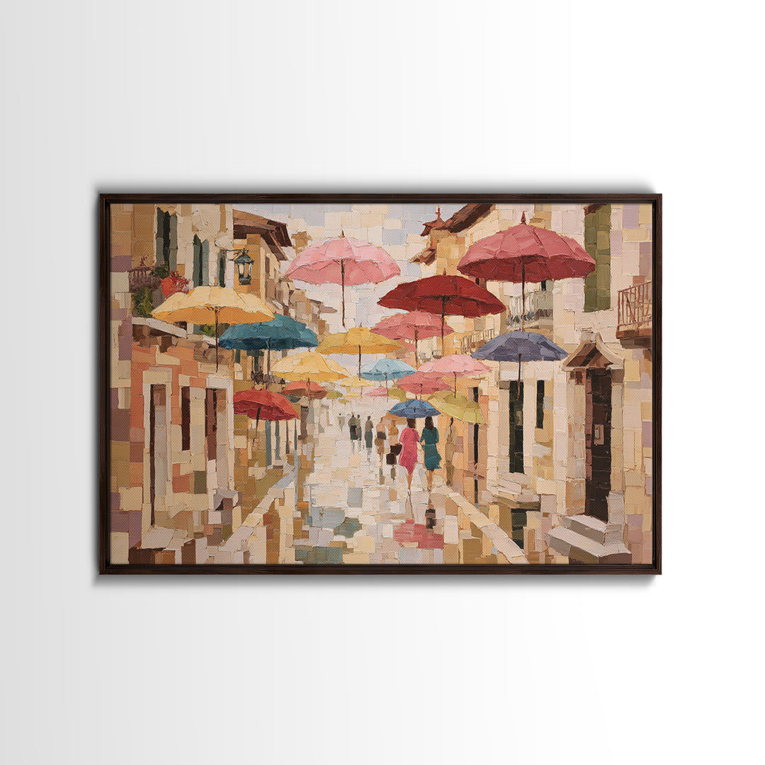 Rainy Boulevard with Umbrella Shapes Canvas Print, Impressionist Art, Neutral Decor, Living Room Decor, Fine Art, Impression, IMP-3x2-73