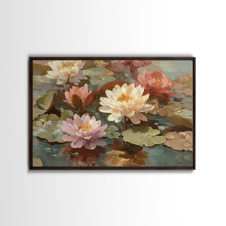 Water Lilies Floating on a Sunlit Pond Framed Canvas Print, Impressionist Art, Room Decor, Living Room Decor, Impression, IMP-3x2-77