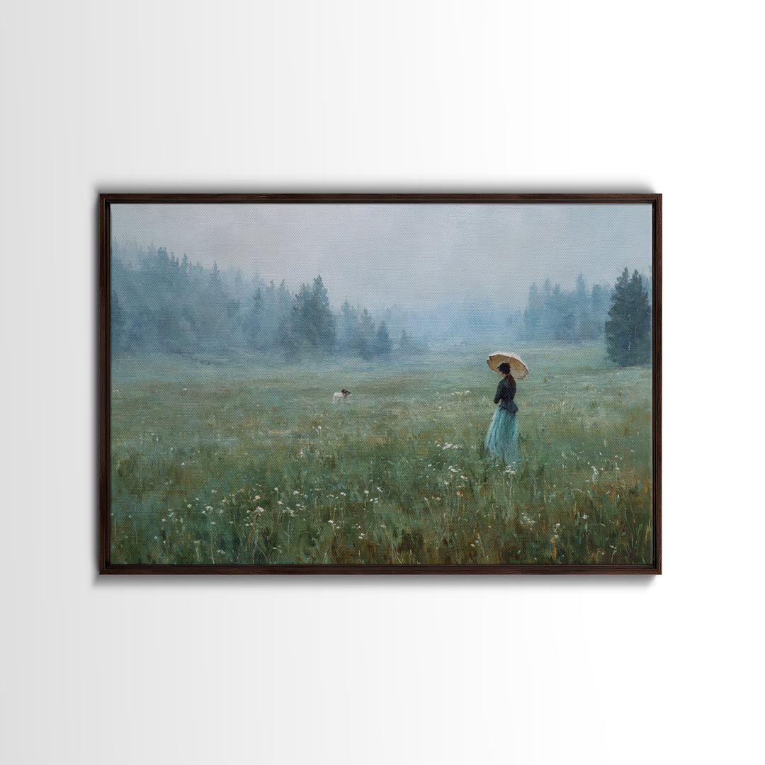 Woman with Parasol in Breezy Meadow Framed Canvas Print, Impressionist Art, Luxury Decor, Living Room Decor, Impression, IMP-3x2-79