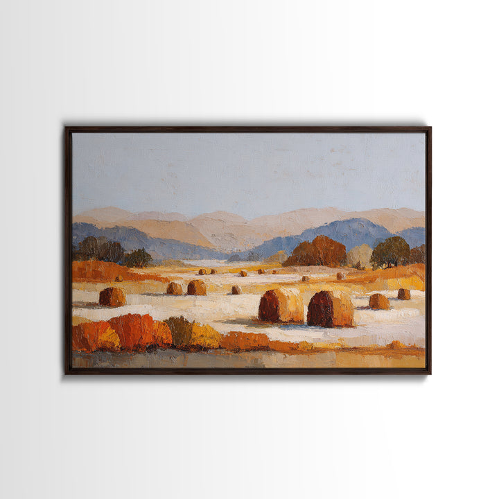 Haystacks Glowing at Golden Hour Framed Canvas Print, Impressionist Art, Floral Wall Art, Living Room Decor, Oil Painting, IMP-3x2-8