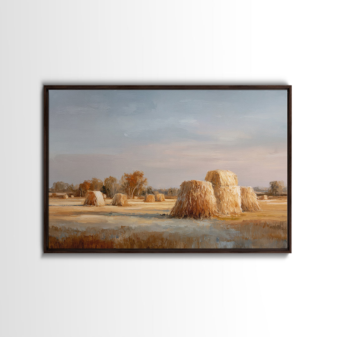 Haystacks Glowing at Golden Hour Framed Canvas Print, Impressionist Art, Living Room Decor, Watercolor Art, Impression, IMP-3x2-80