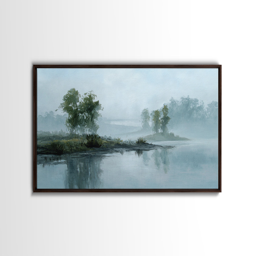 Misty Riverbank with Willow Trees Framed Canvas Print, Impressionist Art, Wall Decor, Living Room Decor, Fine Art, Impression, IMP-3x2-87