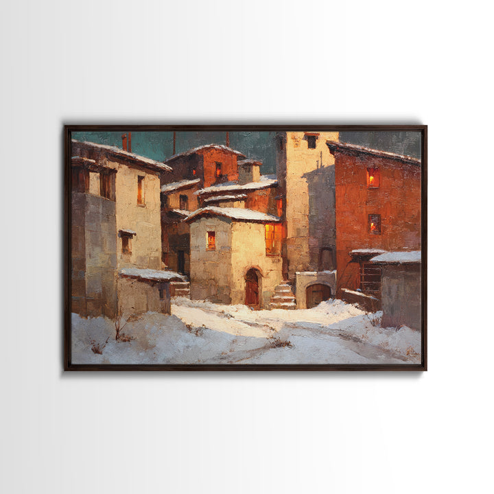 Snowy Village with Warm Glowing Windows Canvas Print, Impressionist Art, Boho Decor, Living Room Decor, Oil Painting, IMP-3x2-89