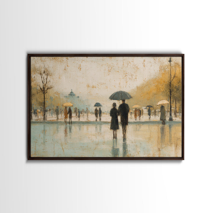 Rainy Boulevard with Umbrella Shapes Framed Canvas Print, Impressionist Art, Luxury Decor, Living Room Decor, Abstract Art, IMP-3x2-97