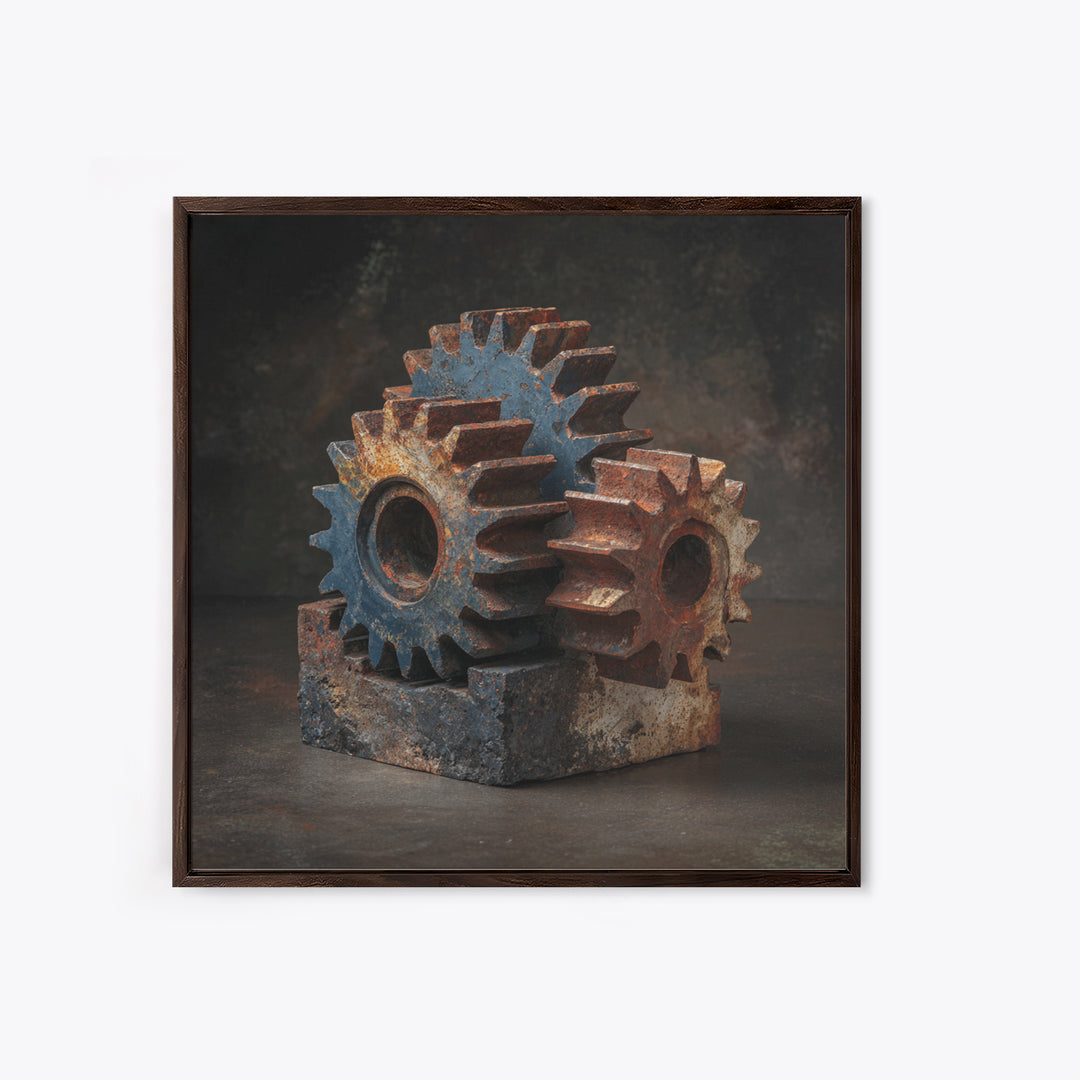 Rusted Gears Arranged as Sculptural Still Life Framed Canvas Print, Industrial Art, Room Decor, Living Room Decor, Foundry, IND-1x1-1