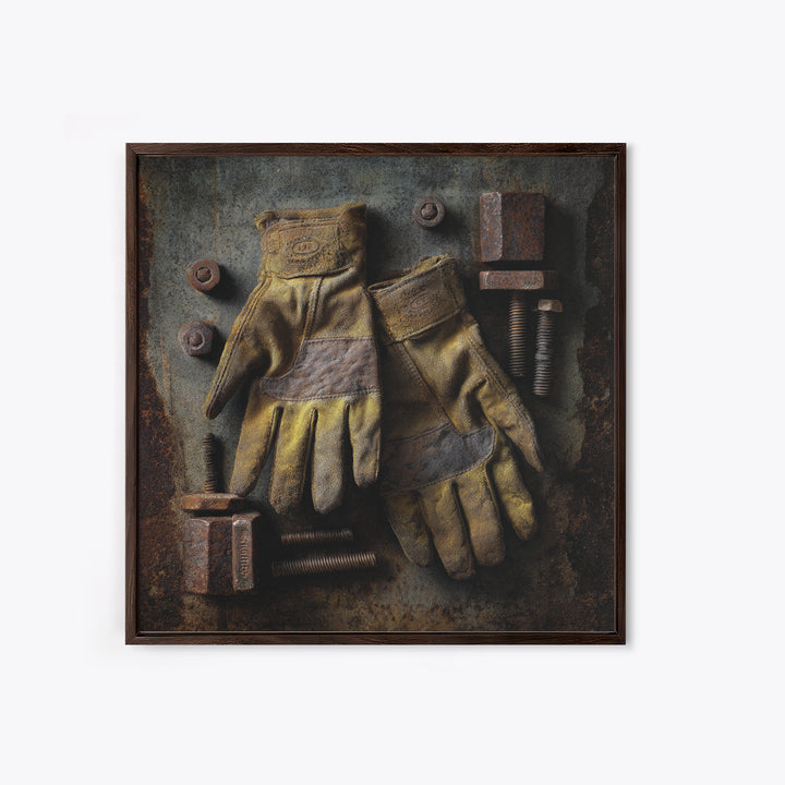 Worn Work Gloves and Bolts Arrangement Canvas Print, Industrial Art, Rustic Home Decor, Living Room Decor, Fine Art, Foundry, IND-1x1-18