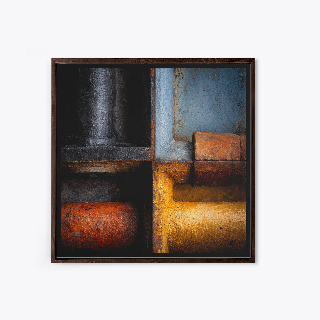 Metal Pipes and Valves as Graphic Composition Framed Canvas Print, Industrial Art, Gallery Decor, Living Room Decor, Foundry, IND-1x1-32