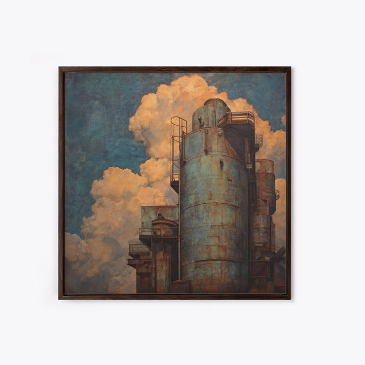 Factory Smokestacks with Moody Sky Canvas Print, Industrial Art, Dining Room Wall Art, Living Room Decor, Fine Art, Foundry, IND-1x1-35