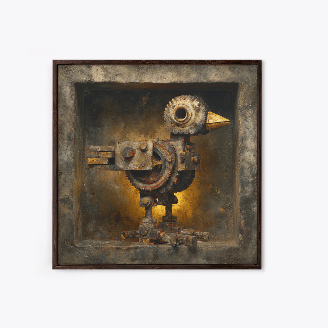 Mechanical Bird Made from Gears Framed Canvas Print, Industrial Art, Living Room Art, Living Room Decor, Oil Painting, Foundry, IND-1x1-43